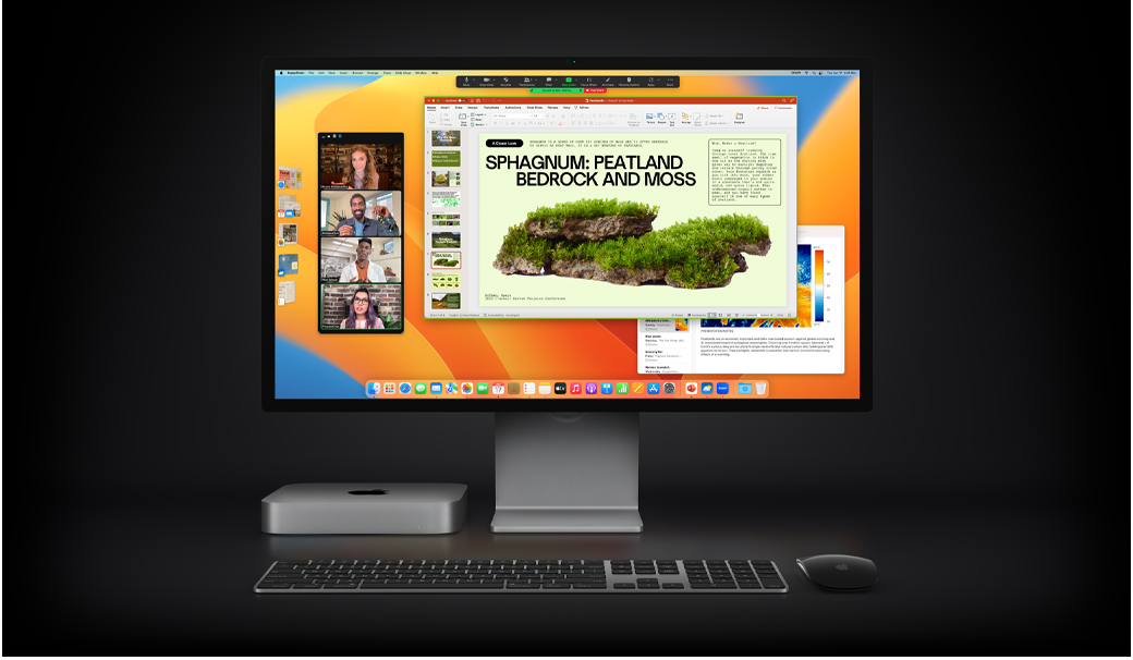 Ένα Mac mini με Magic Mouse, Magic Keyboard και Studio Display που δείχνει μια παρουσίαση Microsoft PowerPoint να κοινοποιείται σε ένα meeting στο Zoom, με το app Σημειώσεις στο φόντο.