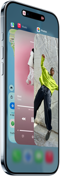 iPhone Air, front exterior, side exterior, thin profile, Dynamic Island centered near top, App Switcher feature in use, buttons: Action, volume
