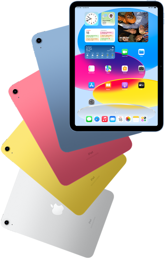 Μπροστινή όψη ενός iPad με την οθόνη Αφετηρίας και άλλα iPad πίσω του με πλάτη σε Μπλε, Ροζ, Κίτρινο και Ασημί χρώμα.