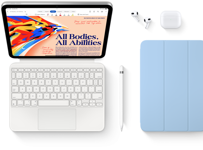 Απεικονίζονται iPad, Magic Keyboard Folio, Apple Pencil, AirPods και Smart Folio.