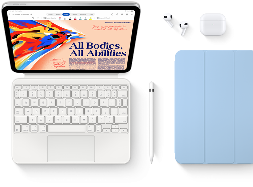 Απεικονίζονται iPad, Magic Keyboard Folio, Apple Pencil, AirPods και Smart Folio.
