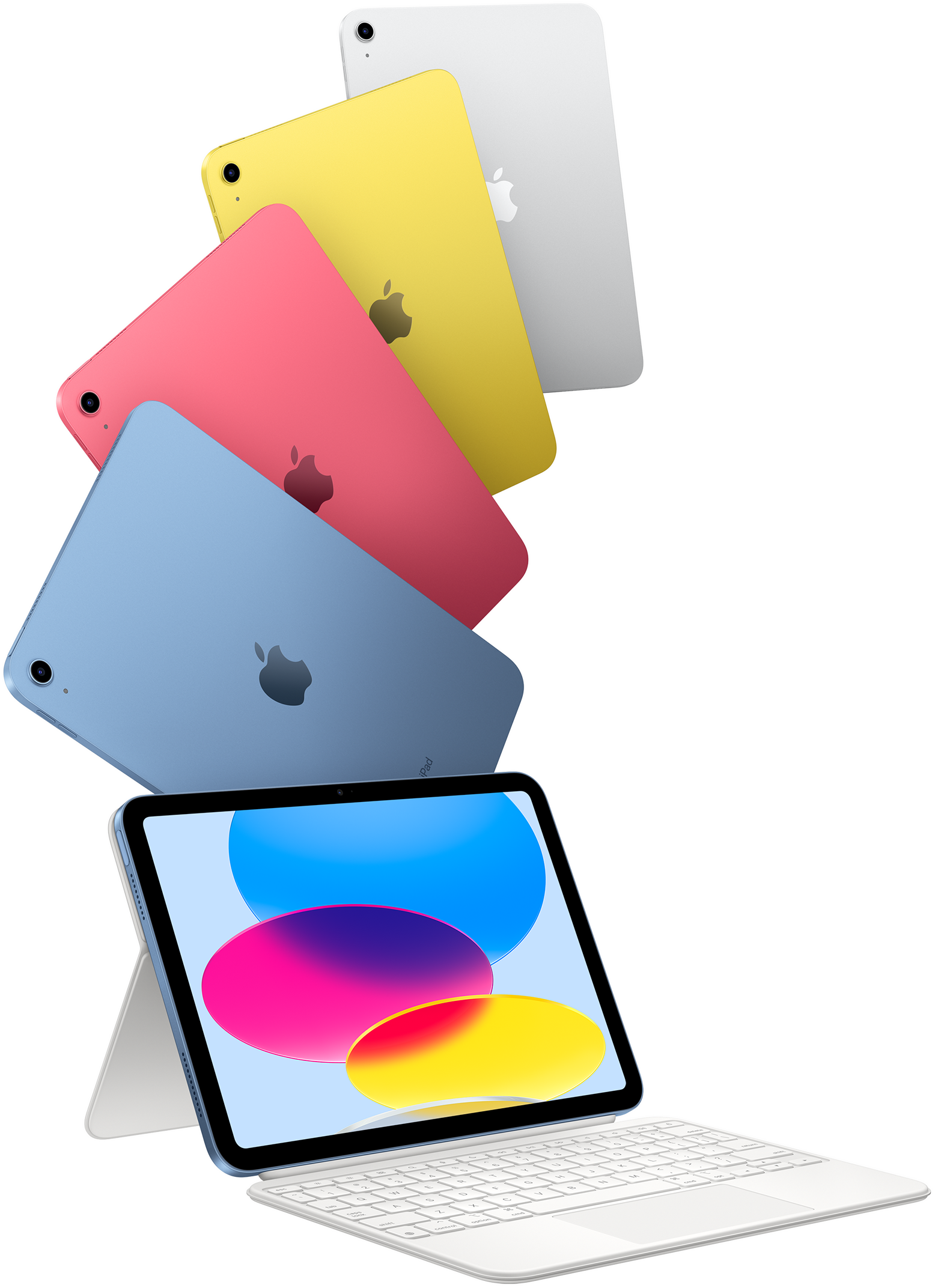 iPad σε Μπλε, Ροζ, Κίτρινο και Ασημί και ένα iPad συνδεδεμένο στο Magic Keyboard Folio.