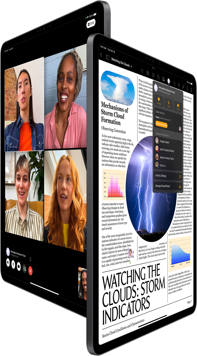 Ομαδικό FaceTime και Συνεργασία στο Pages που παρουσιάζονται σε δύο συσκευές iPad Pro.