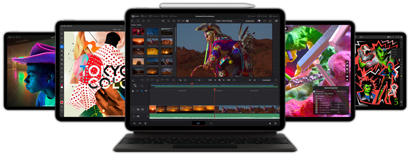 Μπροστινή όψη του iPad Pro με Smart Keyboard Folio,  συνδεδεμένο Apple Pencil που εμφανίζει το app Resolve για iPad μαζί με άλλες συσκευές iPad πίσω του.