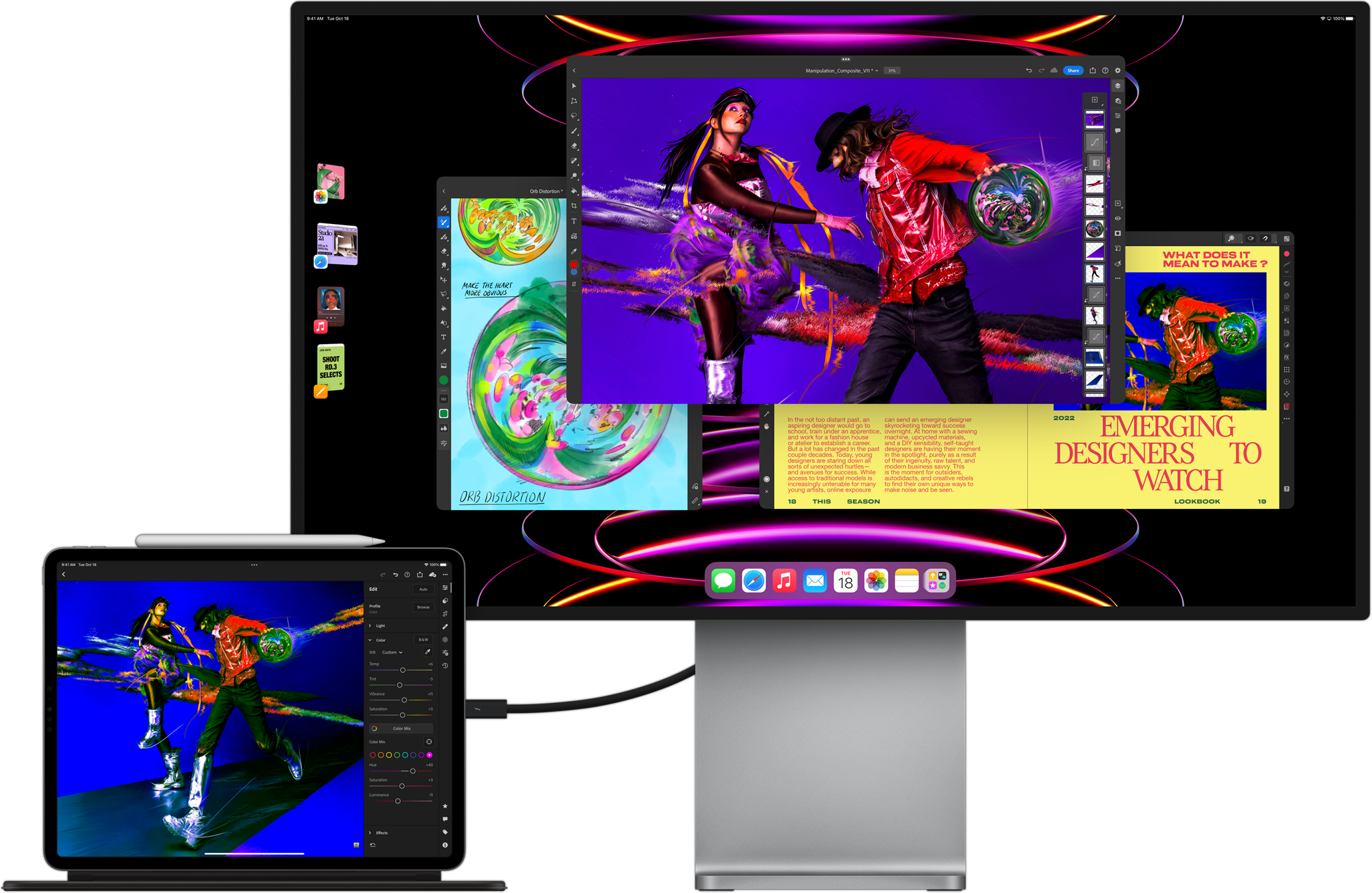 iPad Pro που δείχνει το app LumaFusion και είναι συνδεδεμένο με εξωτερική οθόνη που δείχνει πολυδιεργασία με το Stage Manager.