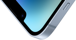 Η επάνω αριστερή γωνία ενός iPhone 14 με Ceramic Shield στην μπροστινή πλευρά.