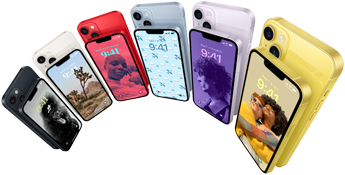 Μπροστινή και πίσω όψη του iPhone 14 σε έξι χρώματα — Μαύρο του Μεσονυκτίου, Λευκό του Άστρου, PRODUCT(RED), Μπλε, Μωβ και Κίτρινο.