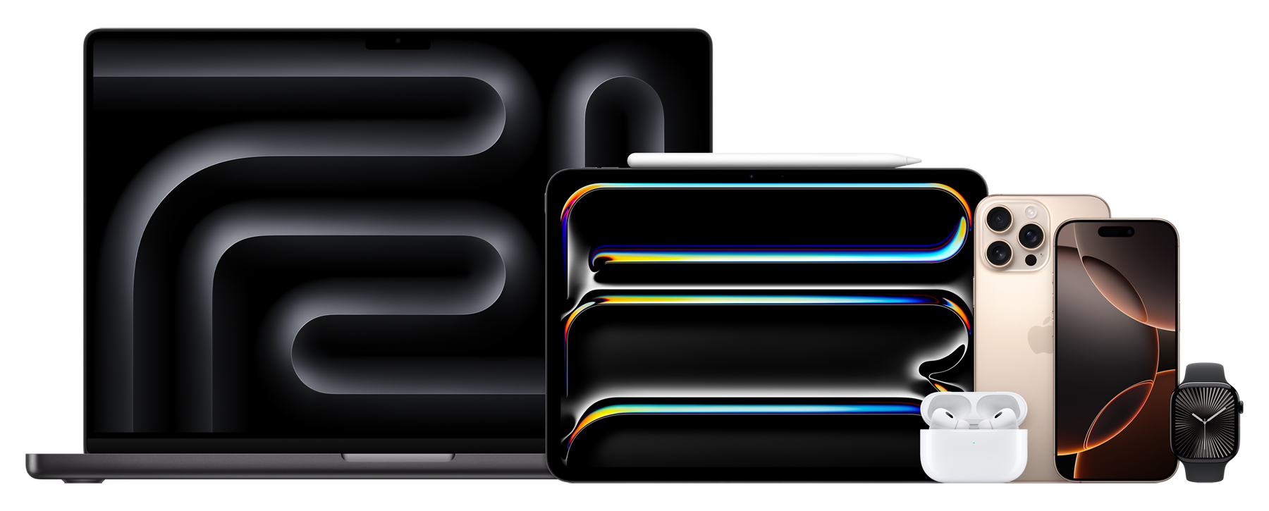 Multi product image (macbook pro, ipad pro, apple pencil pro, airpods pro 2, iphone 16 pro max, iphone 16 pro, apple watch series 10)