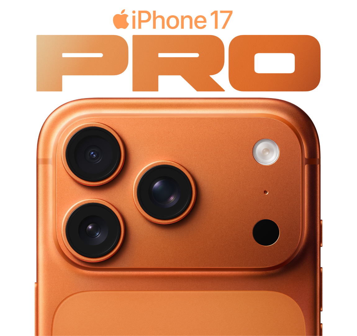 iPhone 17 Pro, χρώμα: Cosmic Orange, εξωτερική πίσω όψη, Pro σύστημα κάμερας στην επάνω αριστερή γωνία, 3 φακοί, μικρόφωνο, φλας