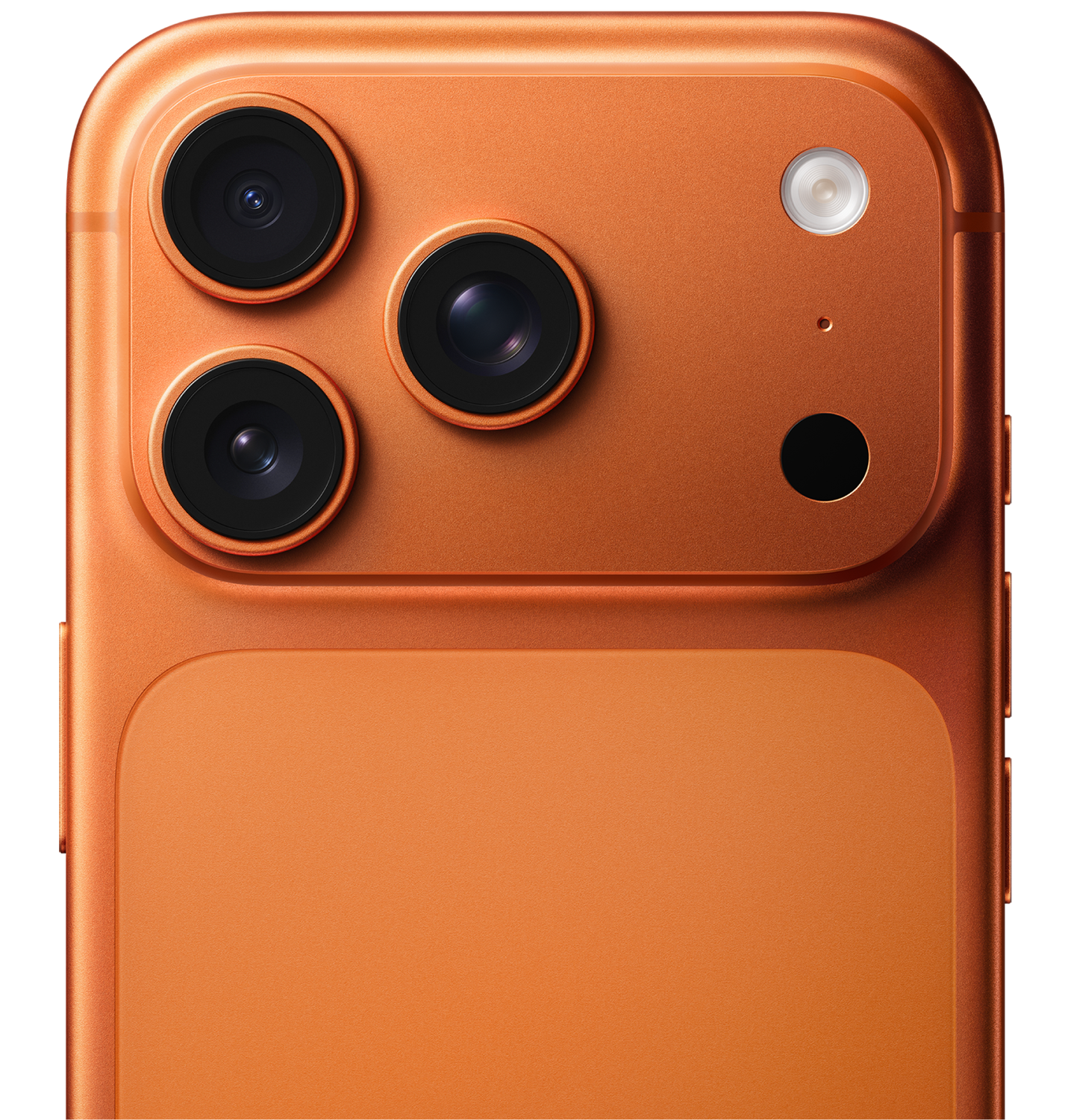 iPhone 17 Pro, χρώμα: Cosmic Orange, εξωτερική πίσω όψη, Pro σύστημα κάμερας στην επάνω αριστερή γωνία, 3 φακοί, μικρόφωνο, φλας