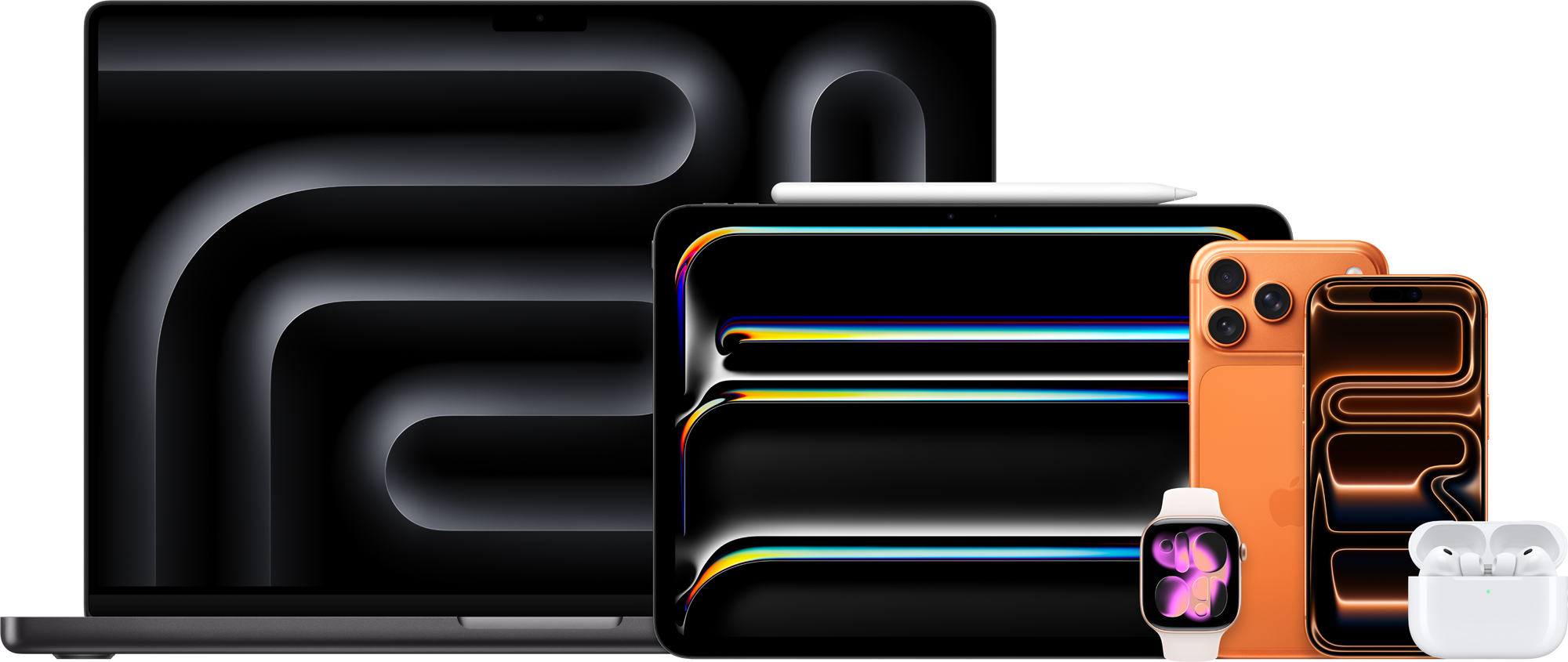 Multi-Product Image: MacBook Pro 16-in, iPad Pro 11-in, Apple Pencil Pro, Apple Watch Series 11, iPhone 17 Pro Max, iPhone 17 Pro, AirPods Pro 3