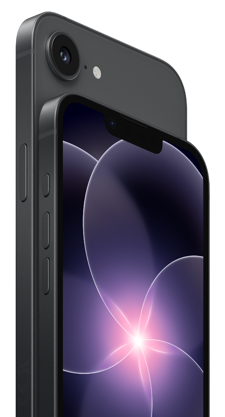iPhone 17e, πίσω και μπροστά όψη, η μία δίπλα στην άλλη, black χρώμα, οθόνη Super Retina, κάμερα Fusion 48MP, στρογγυλεμένες γωνίες