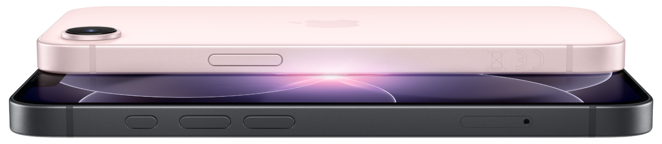 iPhone 17e, πίσω και μπροστά όψη, η μία πάνω στην άλλη, soft pink χρώμα, black χρώμα, οθόνη Super Retina, κάμερα Fusion 48MP, στρογγυλεμένες γωνίες