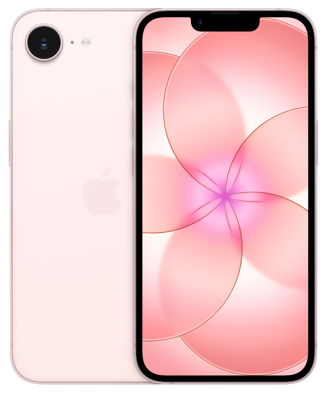 iPhone 17e, πίσω εξωτερική όψη, soft pink χρώμα, σύστημα κάμερας Fusion, Apple λογότυπο στο κέντρο, μπροστά εξωτερική όψη, ολόκληρη η οθόνη, εγκοπή με κάμερα TrueDepth, λεπτό μαύρο περίγραμμα οθόνης, στρογγυλεμένες γωνίες, ίσιες πλευρές