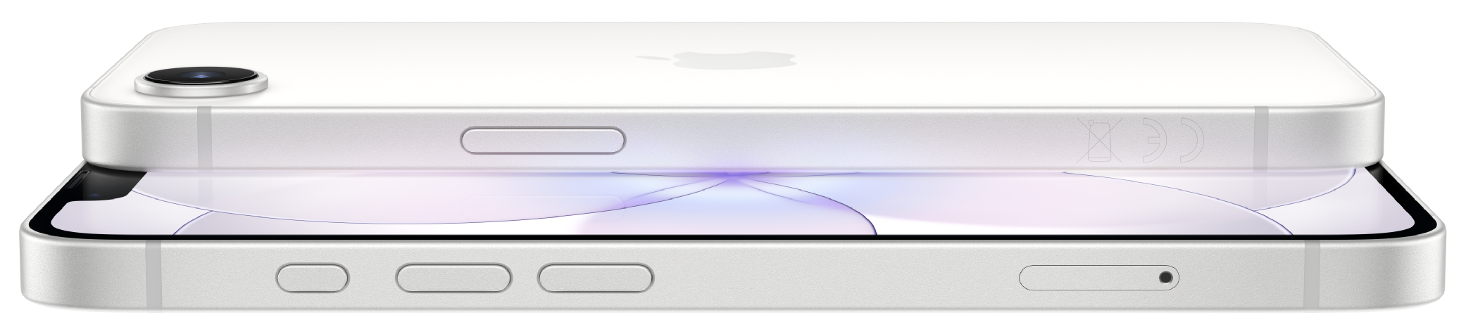 iPhone 17e, πίσω και μπροστά όψη, η μία πάνω στην άλλη, white χρώμα, οθόνη Super Retina, κάμερα Fusion 48MP, στρογγυλεμένες γωνίες
