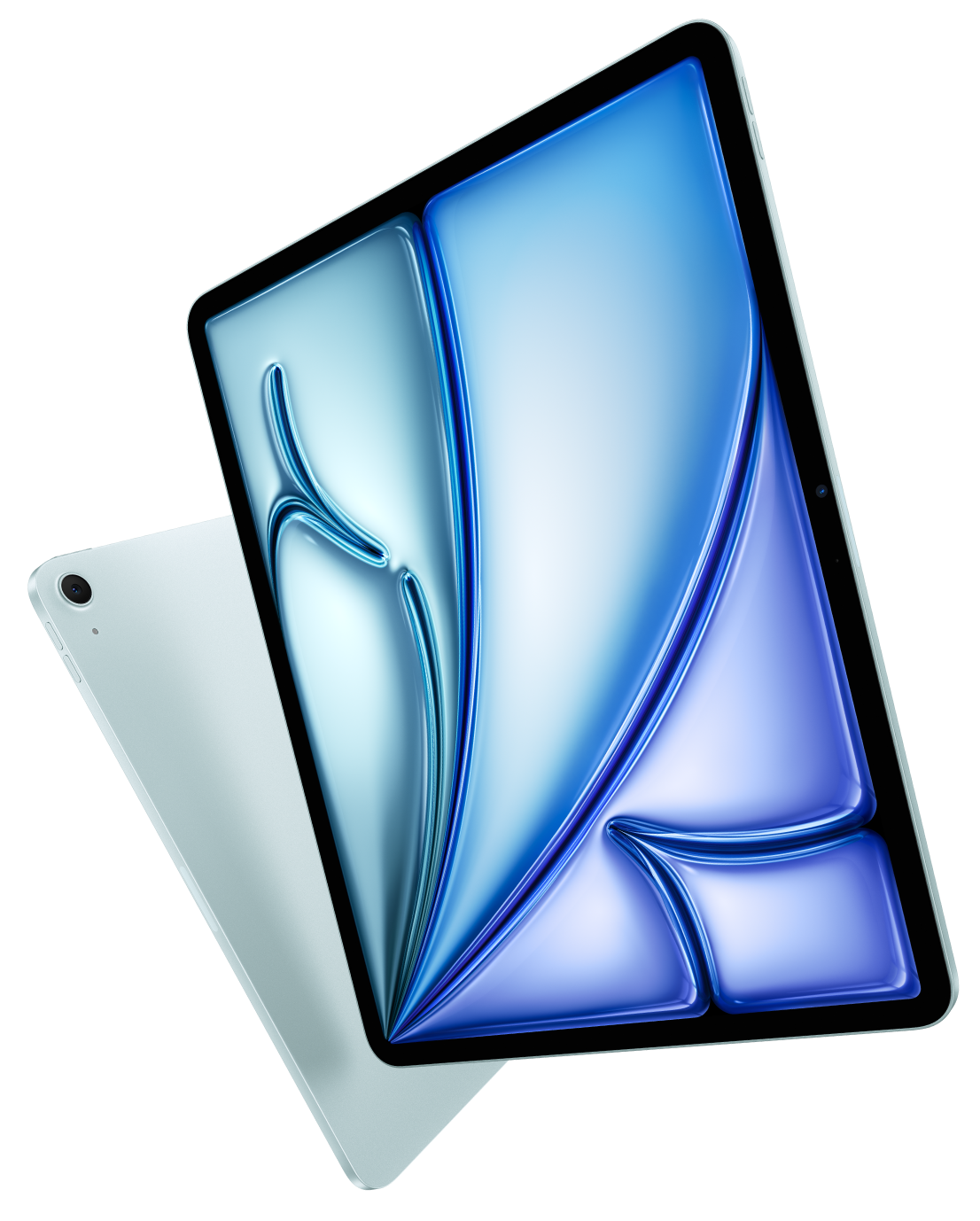 iPad Air, χρώμα Blue, πίσω εξωτερική όψη, μία κάμερα, μπροστινή εξωτερική όψη, μαύρο πλαίσιο οθόνης, στρογγυλεμένες γωνίες