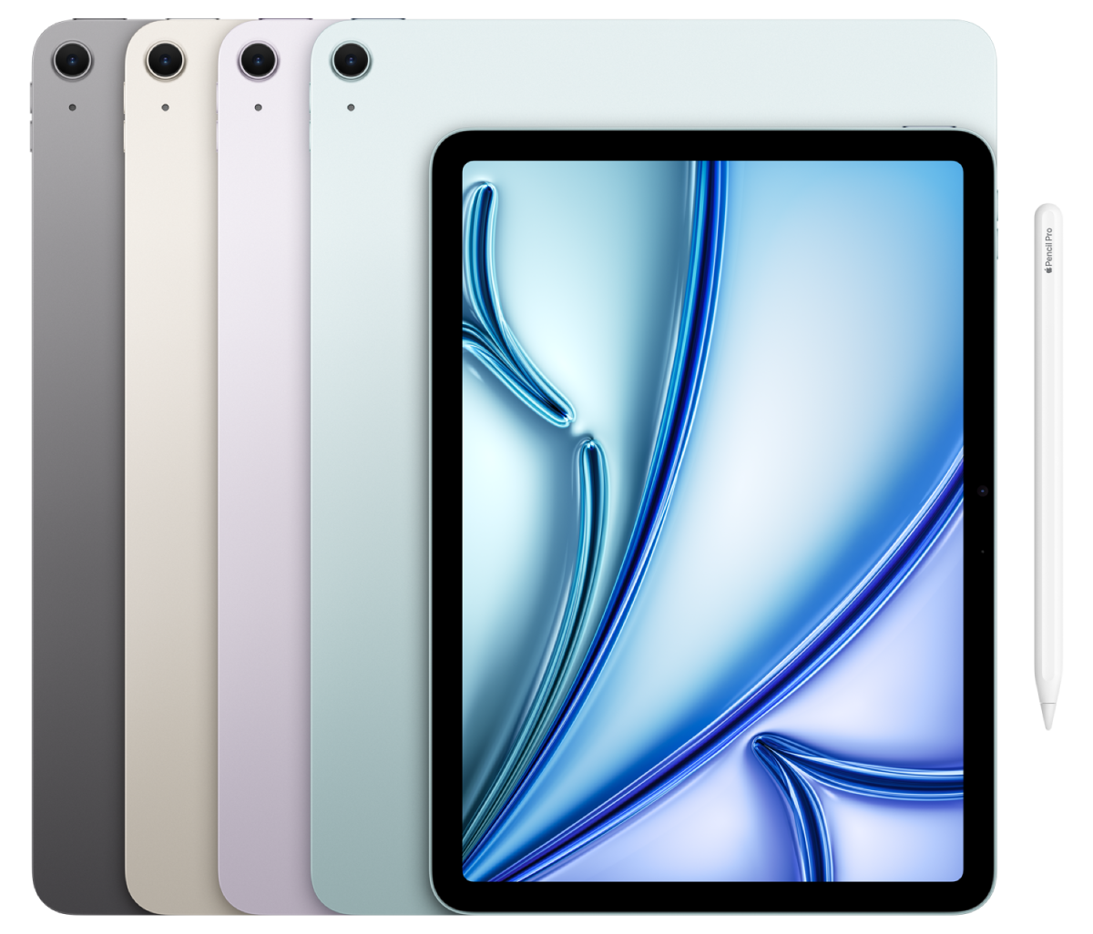 Τέσσερα iPad Air 13 ιντσών, Wi-Fi, πίσω εξωτερική όψη, χρώμα Space Gray, Starlight, Purple, Blue, μία κάμερα, iPad Air 11 ιντσών, μπροστινή εξωτερική όψη, μαύρο πλαίσιο οθόνης, στρογγυλεμένες γωνίες. Apple Pencil Pro.