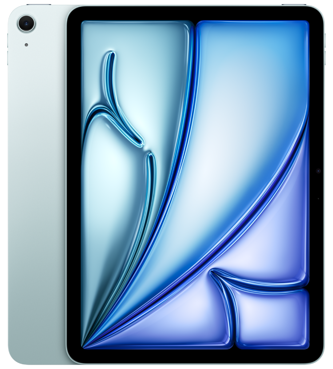 iPad Air, Wi-Fi, πίσω εξωτερική όψη, χρώμα Blue, μία κάμερα, iPad Air, μπροστινή εξωτερική όψη, μαύρο πλαίσιο οθόνης, στρογγυλεμένες γωνίες