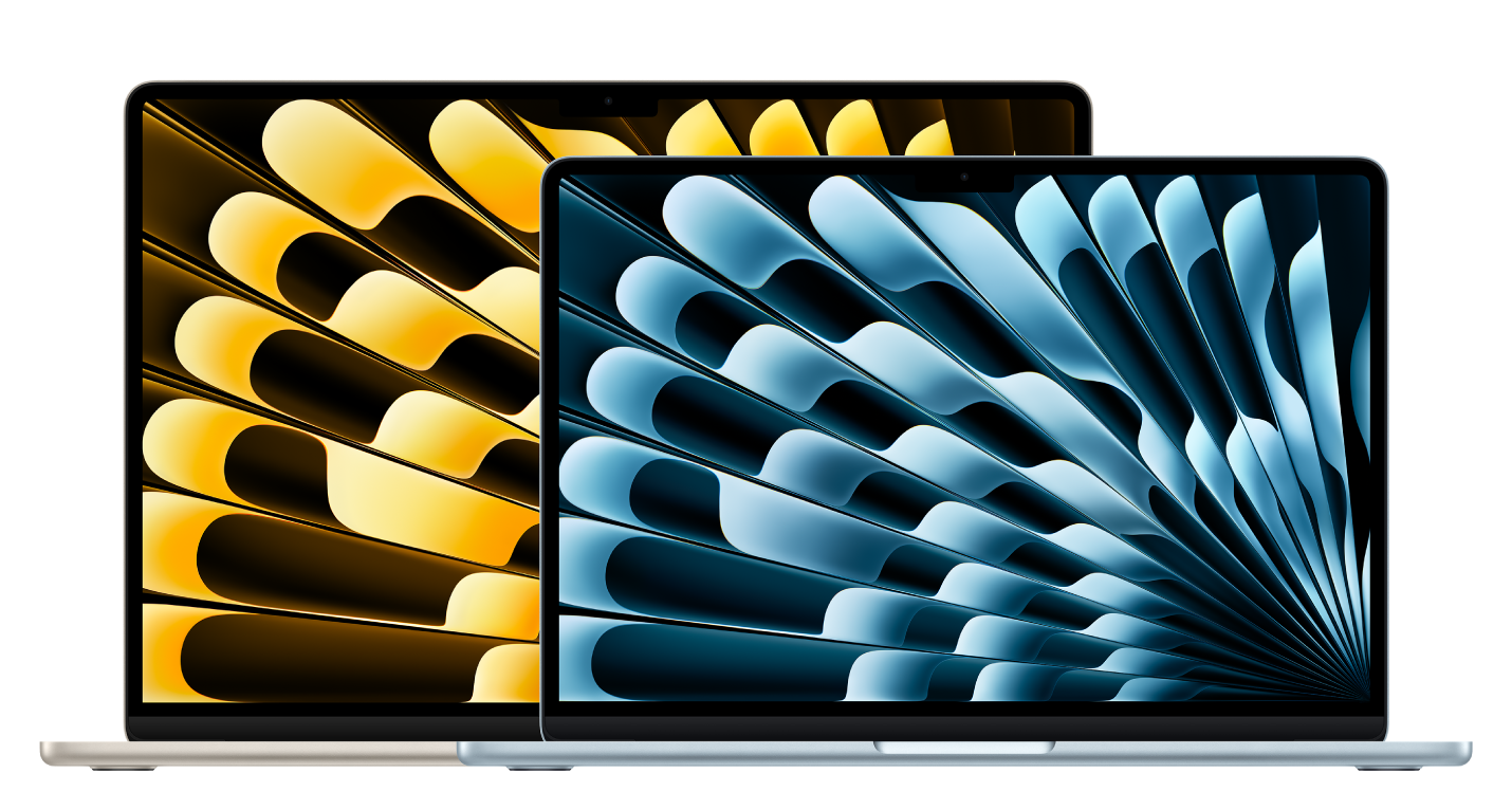 MacBook Air 15 ιντσών, ανοιχτό, χρώμα starlight, στρογγυλεμένα υπερυψωμένα πόδια, MacBook Air 13 ιντσών, ανοιχτό, χρώμα sky blue, στρογγυλεμένα υπερυψωμένα πόδια
