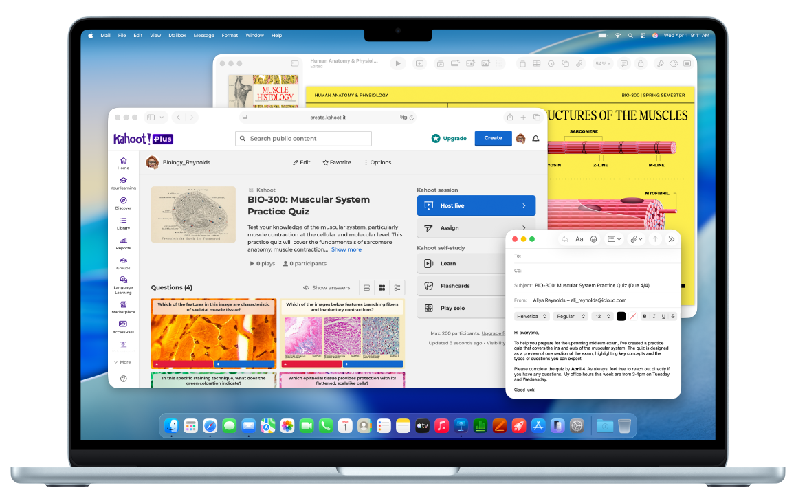 Ανοιχτή οθόνη MacBook Air 13 ιντσών που δείχνει διάφορες ανοιχτές εφαρμογές, χρώμα sky blue, στρογγυλεμένα υπερυψωμένα πόδια