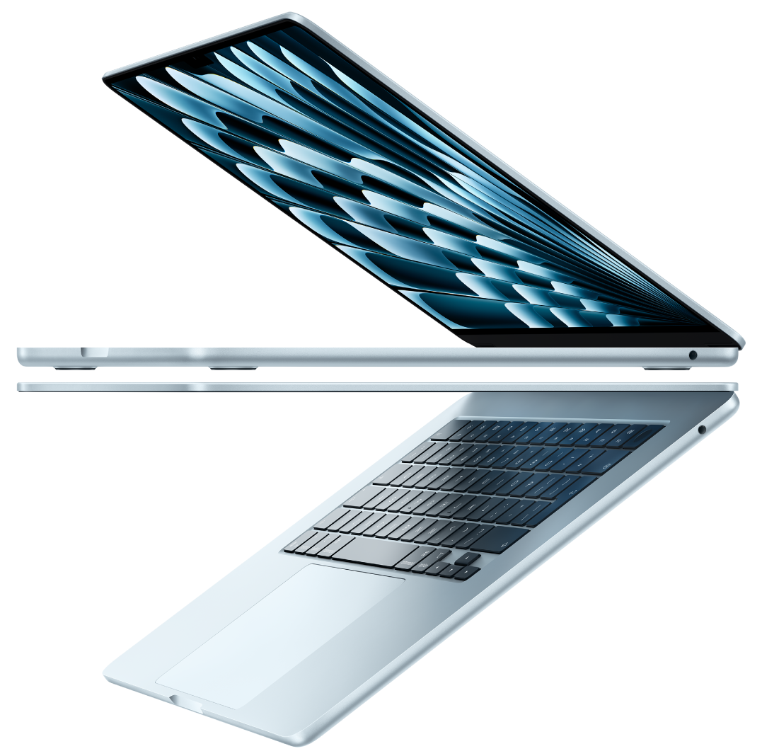 Δύο ανοιχτά φορητά MacBook Air σε γαλάζιο χρώμα που δημιουργούν σχήμα βέλους, δίνοντας έμφαση στο στενό προφίλ