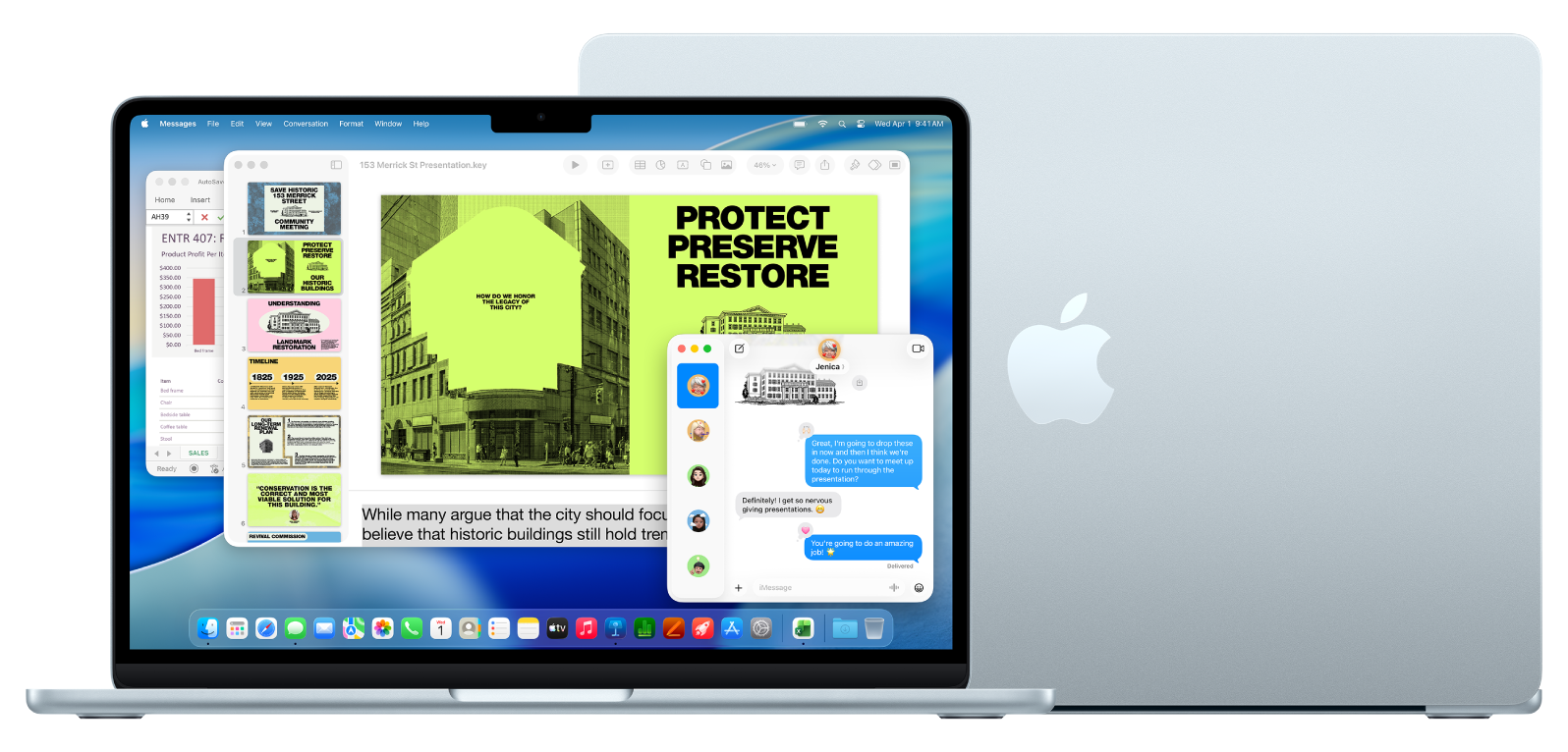 Ανοιχτή οθόνη MacBook Air 13 ιντσών που δείχνει διάφορες ανοιχτές εφαρμογές, χρώμα sky blue, στρογγυλεμένα υπερυψωμένα πόδια, MacBook Air 15 ιντσών, ανοιχτό, πίσω όψη με ορατό το λογότυπο της Apple, χρώμα sky blue, στρογγυλεμένα υπερυψωμένα πόδια