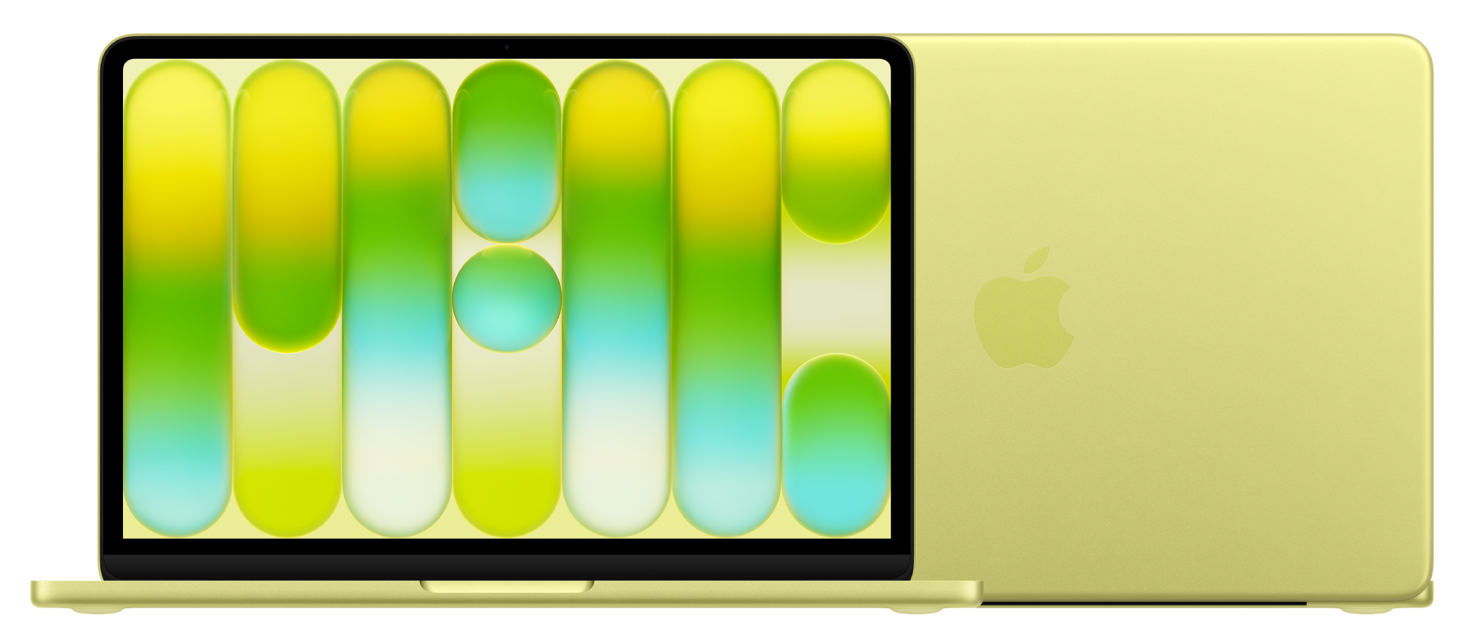 MacBook Neo 13 ιντσών, χρώμα Citrus, ανοιχτό καπάκι, οθόνη Liquid Retina, στρογγυλεμένες γωνίες, υπερυψωμένα πόδια