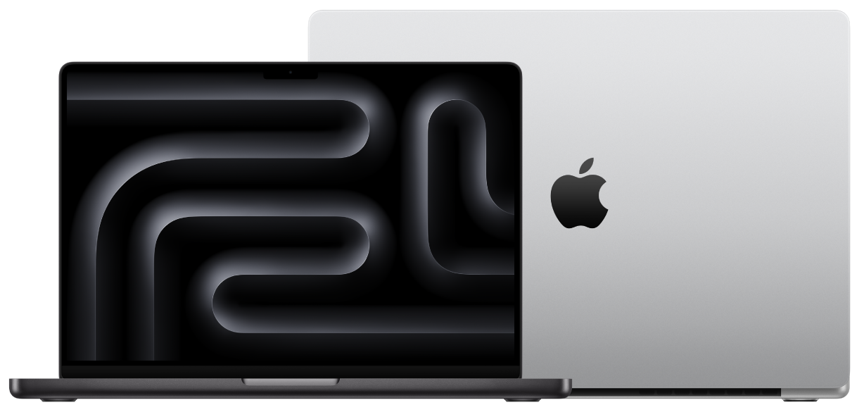 MacBook Pro 14 ιντσών, ανοιχτό, χρώμα Space Black, στρογγυλεμένα υπερυψωμένα πόδια, MacBook Pro 16 ιντσών, ανοιχτό, πίσω όψη με ορατό το λογότυπο της Apple, χρώμα Silver, στρογγυλεμένα υπερυψωμένα πόδια