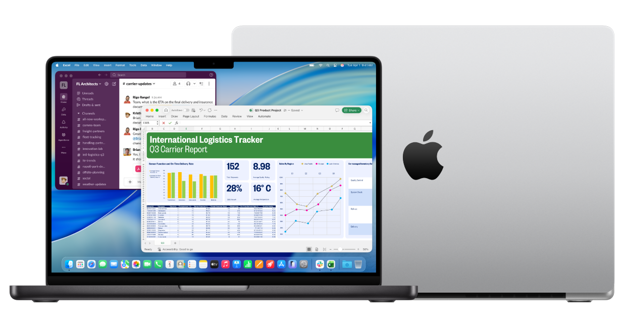 Ανοιχτή οθόνη MacBook Pro 14 ιντσών που δείχνει διάφορες ανοιχτές εφαρμογές, χρώμα Space Black, στρογγυλεμένα υπερυψωμένα πόδια, MacBook Pro 16 ιντσών, ανοιχτό, πίσω όψη με ορατό το λογότυπο της Apple, χρώμα Silver, στρογγυλεμένα υπερυψωμένα πόδια