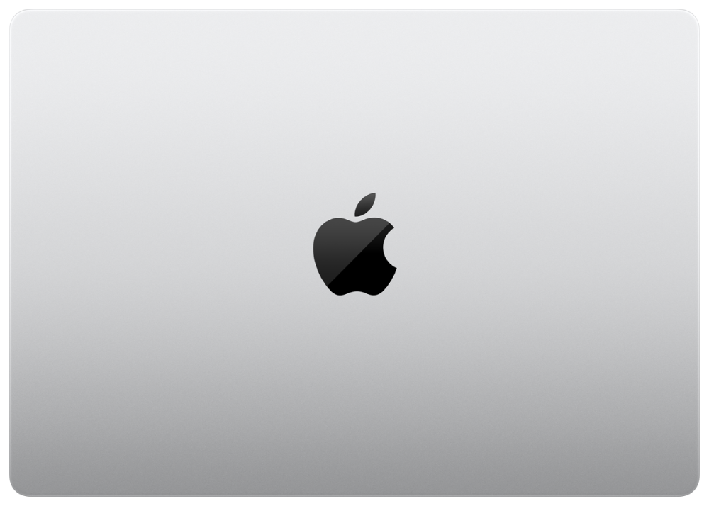 MacBook Pro 14 ιντσών, πάνω εξωτερική όψη, χρώμα Silver, στρογγυλεμένες γωνίες, στο κέντρο γυαλιστερό μαύρο λογότυπο της Apple