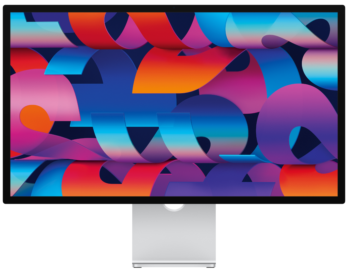 Πρόσοψη Studio Display με πολύχρωμη ταπετσαρία με σχήματα σαν κορδέλες