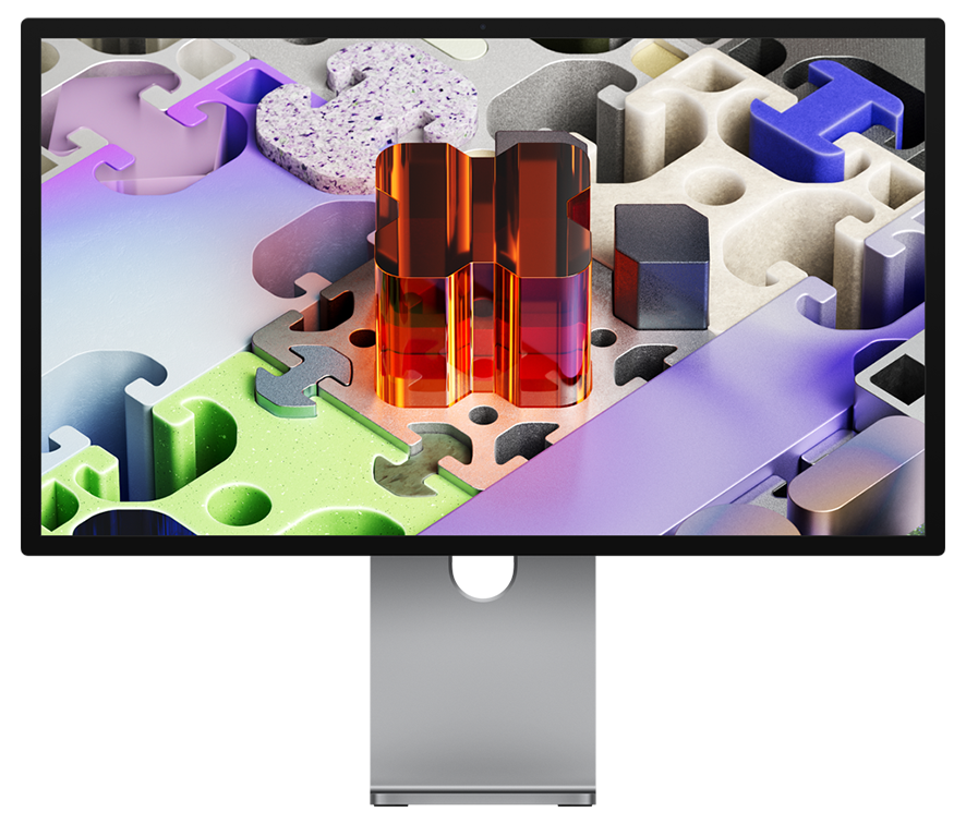 Πρόσοψη Studio Display XDR με τρισδιάστατη ταπετσαρία που μοιάζει με παζλ